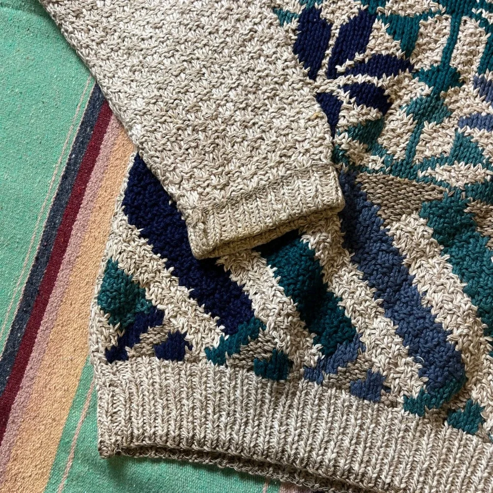 Northern Isles Sweater Mens M Beige Blue Geometric Snowflake Knit Vintage 90s